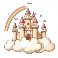 A whimsical fairy tale castle with pink towers, surrounded by fluffy clouds and a vibrant rainbow, creating a dreamy and magical atmosphere, perfect for children's themes. png