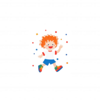 An animated child with curly orange hair joyfully playing, surrounded by colorful dots, on a white isolated background. png