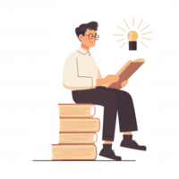 A young man reading a book while sitting on a stack of books, illuminated by a light bulb above. Represents knowledge, learning, and inspiration in a cozy setting. png