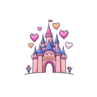 A whimsical pink castle adorned with hearts, representing fantasy and imagination, set against a stark backdrop. png