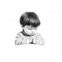 A young child with closed eyes, hands clasped in a prayerful posture, exuding innocence and tranquility, captured in a detailed monochrome illustration on a white background. png