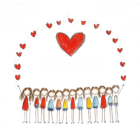 A whimsical illustration of diverse characters standing together under a heart arch, symbolizing unity and love. Colorful and cheerful, perfect for various themed projects. png