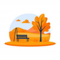 An idyllic autumn scene featuring a bench under an orange tree, surrounded by rolling hills and a clear sky, perfect for relaxation and enjoying nature's beauty. png