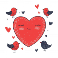 A whimsical illustration of a red heart surrounded by cheerful birds and floating hearts, perfect for expressing love and affection in various designs. png