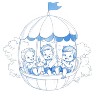 A whimsical illustration of a hot air balloon ride featuring cheerful characters enjoying the adventure. Perfect for themes of fun, exploration, and joy in leisure activities. png