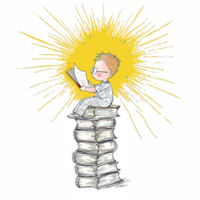 A young boy sitting on a stack of books, immersed in reading, surrounded by a burst of light symbolizing imagination and knowledge, on a white isolated background. png
