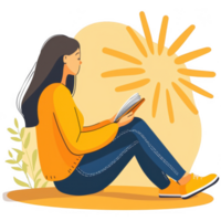 A young woman sitting peacefully, reading a book, with sun rays shining in a serene environment, featuring soft colors and a relaxed atmosphere. png