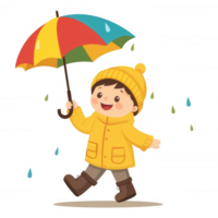 Cheerful child in a yellow raincoat and hat, holding a colorful umbrella while walking through a light rain. Perfect illustration for joy and playfulness in rainy weather. png
