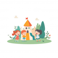 Cheerful children playing outside near a colorful castle, surrounded by trees and flowers, capturing the joy of childhood and imagination, in a vibrant and playful setting. png