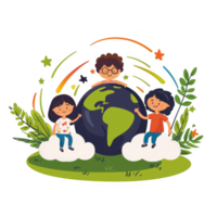 Children engaging with the world, surrounded by clouds and greenery, symbolizing unity and care for the environment. png