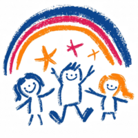 Childlike drawing of three happy figures under a colorful rainbow, celebrating joy and friendship. Ideal for children's themes or positivity concepts. png