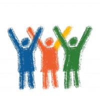 Colorful illustration of joyful figures celebrating with raised arms, symbolizing happiness and teamwork on a white isolated background. png