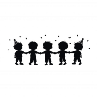 Five joyful children holding hands, wearing party hats, celebrating together in a festive atmosphere, isolated on a white background. png