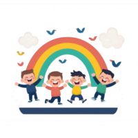 Four cheerful children celebrating under a vibrant rainbow surrounded by birds and clouds, conveying joy and friendship in a colorful scene. png