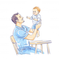 Father joyfully holding his baby in a bright, cheerful setting, symbolizing love and connection between parent and child. png