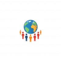 Illustration of diverse people standing around a globe, symbolizing unity and global connection. Colorful figures represent various cultures in harmony around Earth. png