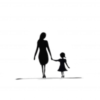 Silhouette of a mother and daughter walking hand in hand, symbolizing love, connection, and family bond, on a white isolated background. png