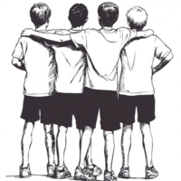 Four friends standing together, arms around each other, looking out. A symbol of friendship, unity, and shared experiences against a simple backdrop. png