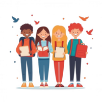 Four diverse children standing together, smiling, holding books and notebooks. Playful birds flying around them, showcasing a vibrant and cheerful atmosphere. png