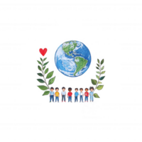 Illustration of a diverse group of people standing together around a globe, symbolizing unity and environmental love, with green leaves and a heart design. png