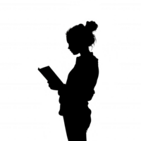 Silhouette of a woman reading a book, profile view, against a white isolated background, representing relaxation and personal growth. png