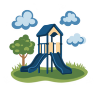 Playground with slides and a tree, surrounded by grass and clouds, a perfect spot for kids to enjoy outdoor fun and play during sunny days. png
