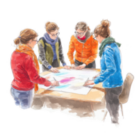 Group of four people collaboratively working on an artistic project at a table, focused on sketching and discussing ideas. png