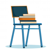 A blue chair with a stack of books resting on it, designed for study or relaxation, emphasizing comfort and knowledge in a casual environment. png