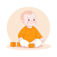 A cheerful baby sitting on the floor, wearing an orange sweater and white pants. Blocks are placed beside him, creating a playful atmosphere. png