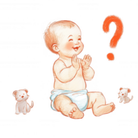 A cheerful baby sitting on the floor, clapping hands with an expression of curiosity, surrounded by two playful puppies and a whimsical question mark nearby. png