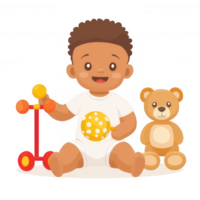 A cheerful baby sitting on the floor with a toy and a teddy bear, wearing a playful outfit, showcasing joy and innocence against a white isolate background. png