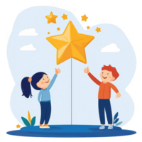 A cheerful boy and girl reaching for a golden star against a soft blue background, symbolizing dreams, aspirations, and teamwork in a playful and imaginative setting. png