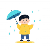 A cheerful child in a yellow raincoat holding a blue umbrella, enjoying the rain with raindrops falling around them, embodying joy and playfulness in a rainy setting. png
