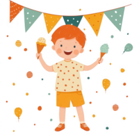 A cheerful child holding two ice cream cones, surrounded by colorful balloons and festive bunting, embodying joy and celebration in a playful, vibrant atmosphere. png