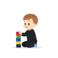 A cheerful child playing with colorful building blocks on a white background, showcasing creativity and joy in learning through play. png