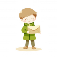 A cheerful child standing with a letter in hand, wearing a green coat, showcasing an expression of joy and excitement, isolated on a white background. png