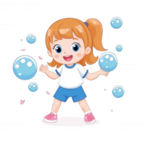 A cheerful child playing and juggling colorful bubbles, dressed in casual sportswear, with a bright smile and joyful expression. Perfect for conveying fun and playfulness. png