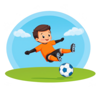 A cheerful child in an orange soccer uniform is joyfully kicking a soccer ball on a grassy field under a clear blue sky with fluffy clouds. png