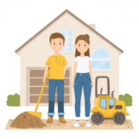 A cheerful couple standing in front of their house with a shovel and a small construction vehicle, showcasing a spirit of DIY home improvement and teamwork. png
