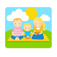 A cheerful family enjoying a sunny day outdoors, sitting on a blanket with a bright sun and clouds in the background, representing happiness and togetherness. png