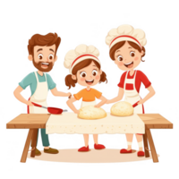 A cheerful family enjoys baking together, creating dough on a wooden table, showcasing teamwork and joy in the kitchen. Perfect for family and cooking themes. png