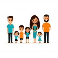 A cheerful family of five standing together, showcasing a sense of unity and happiness. They are dressed in casual colorful clothing, ideal for illustrations and storytelling. png