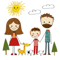 A cheerful family illustration featuring a mother, father, and child with a playful animal, set against a sunny background with trees and clouds. png