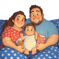 A cheerful family enjoying quality time together on a cozy couch, surrounded by playful snacks. The parents are lovingly interacting with their happy child. png