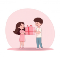 A cheerful illustration of a boy giving a gift to a girl, showcasing joy and friendship, set against a soft pink background. png