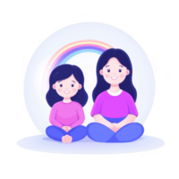 A cheerful illustration of a mother and daughter sitting together with a rainbow backdrop, showcasing love and connection in a light-hearted, friendly atmosphere. png