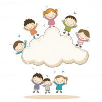 A cheerful illustration of children happily playing on a fluffy cloud, celebrating joy and creativity against a white isolated background. png