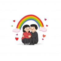 A cheerful illustration of two characters embracing under a vibrant rainbow with hearts, symbolizing love and acceptance. png