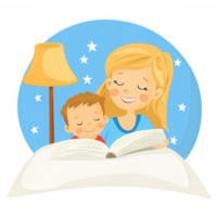 A cheerful mother reading a storybook to her joyful child before bedtime, illuminated by a warm lamp glow, surrounded by a cozy atmosphere filled with stars. png
