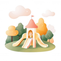 A cheerful playground featuring a colorful slide, surrounded by lush trees and clouds, ideal for children's fun and outdoor play. png